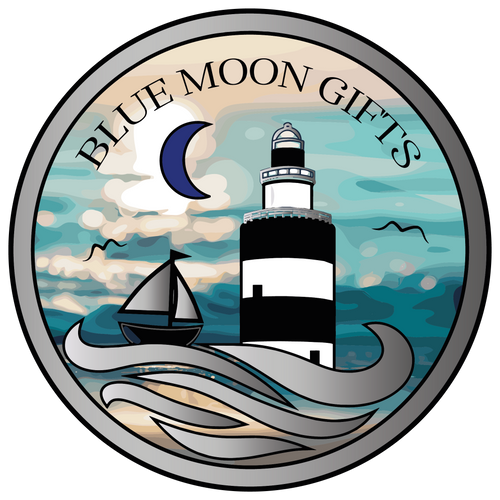 Logo for Blue Moon Gifts featuring a lighthouse, sailboat, and moon.
